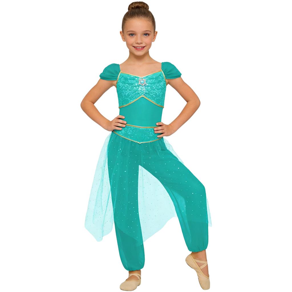 Girls Belly Dance Costume Arabian Princess Rompers Sequined Waist Tulle Overlay Jumpsuit Contrast Color Rhinestone Decor