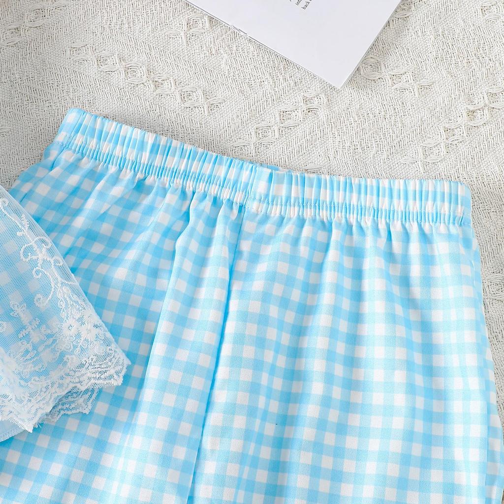 Sommer Süßes Karomuster & Kaninchen Stickerei Set: Trägertop & Weitbeinige Hose für Mädchen