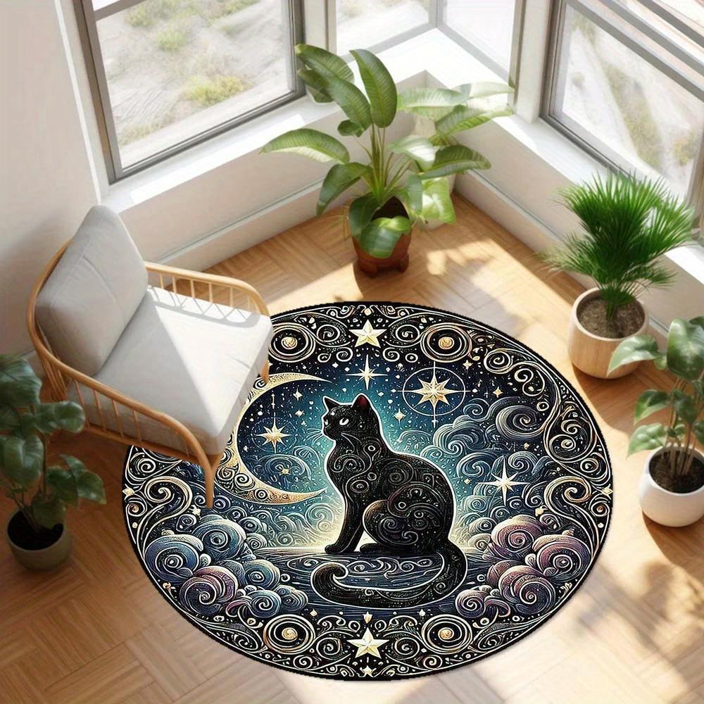 1 Piece Mystical Moon Black Cat Tent Footprint Outdoor Round Carpet Floor Mat Doorway Decorative Carpet Outdoor Patio Camping Carpet Living Room