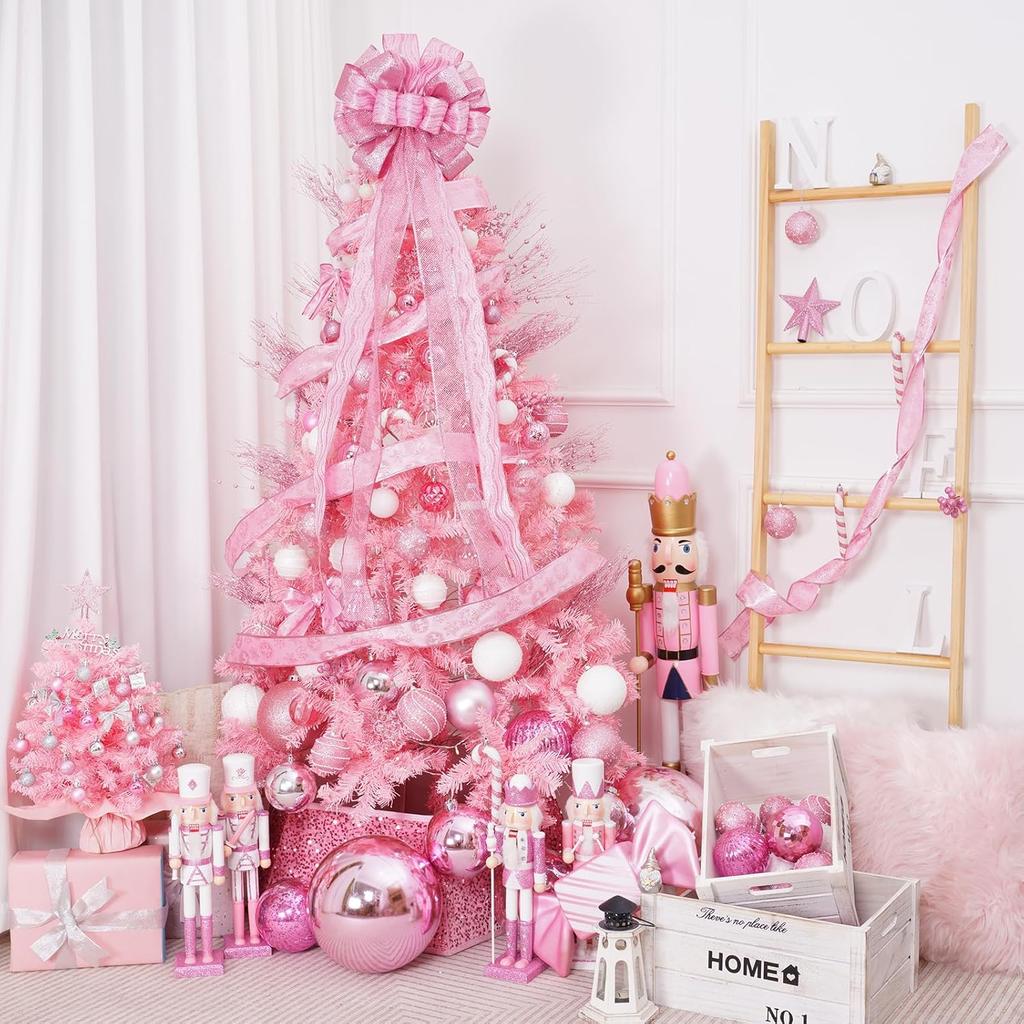 Christmas Tree Topper, 32x12 Inches Large Toppers Bow with Glitter Satin Mesh Streamer, Pink Christmas Tree Topper for Christmas Home Decoration