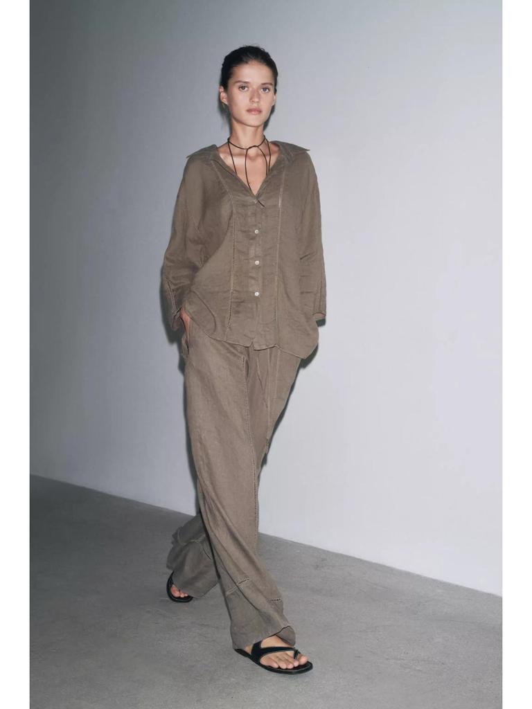 Spring 2025 Women's Linen V-Neck Long Sleeve Shirt & Wide-Leg Pants Casual Set
