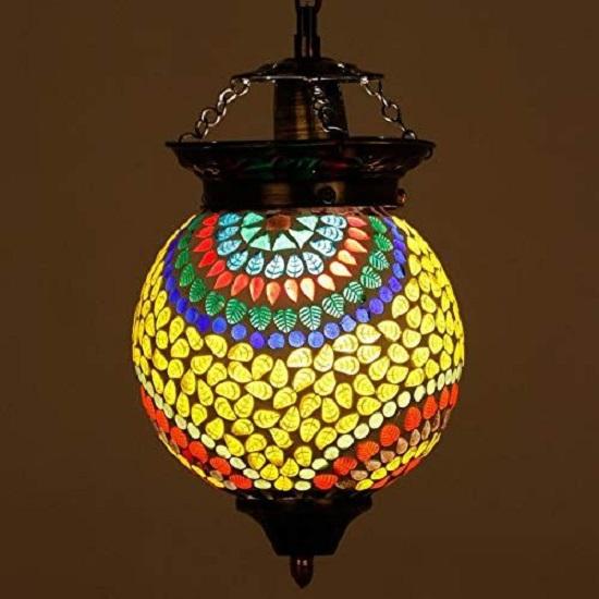 Spherical Shaped Glass Pendant/Hanging Turkish Lamp, Bulb Not Included (Multicolour, Made In India)