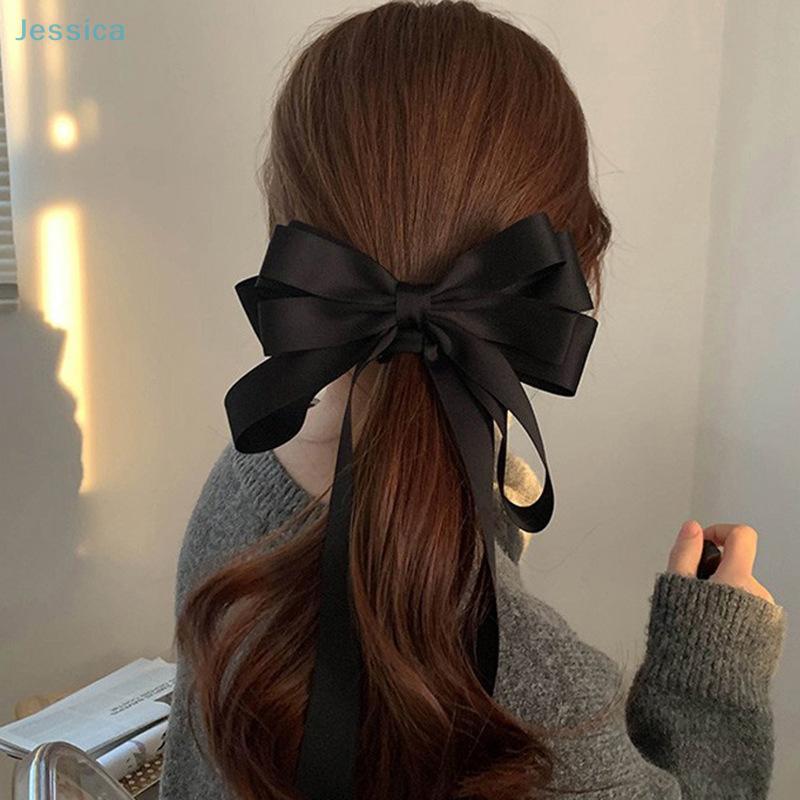 Big Bowknot Solid Satin Long Ribbon Bows Spring Clamp Women's Ponytail Hair Clip