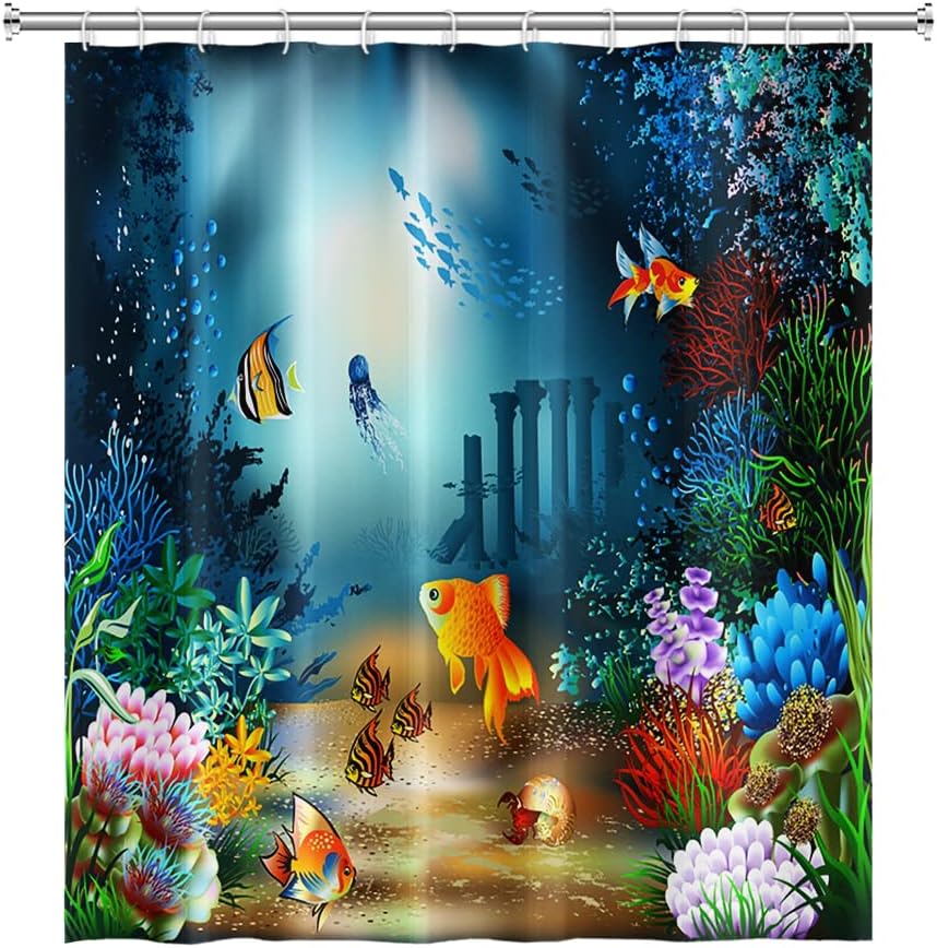 Marine Animal Tropical Fish Seahorse Shower Curtain Blue Ocean Children'S Bathtub Shower Curtain Polyester Fabric With Hook
