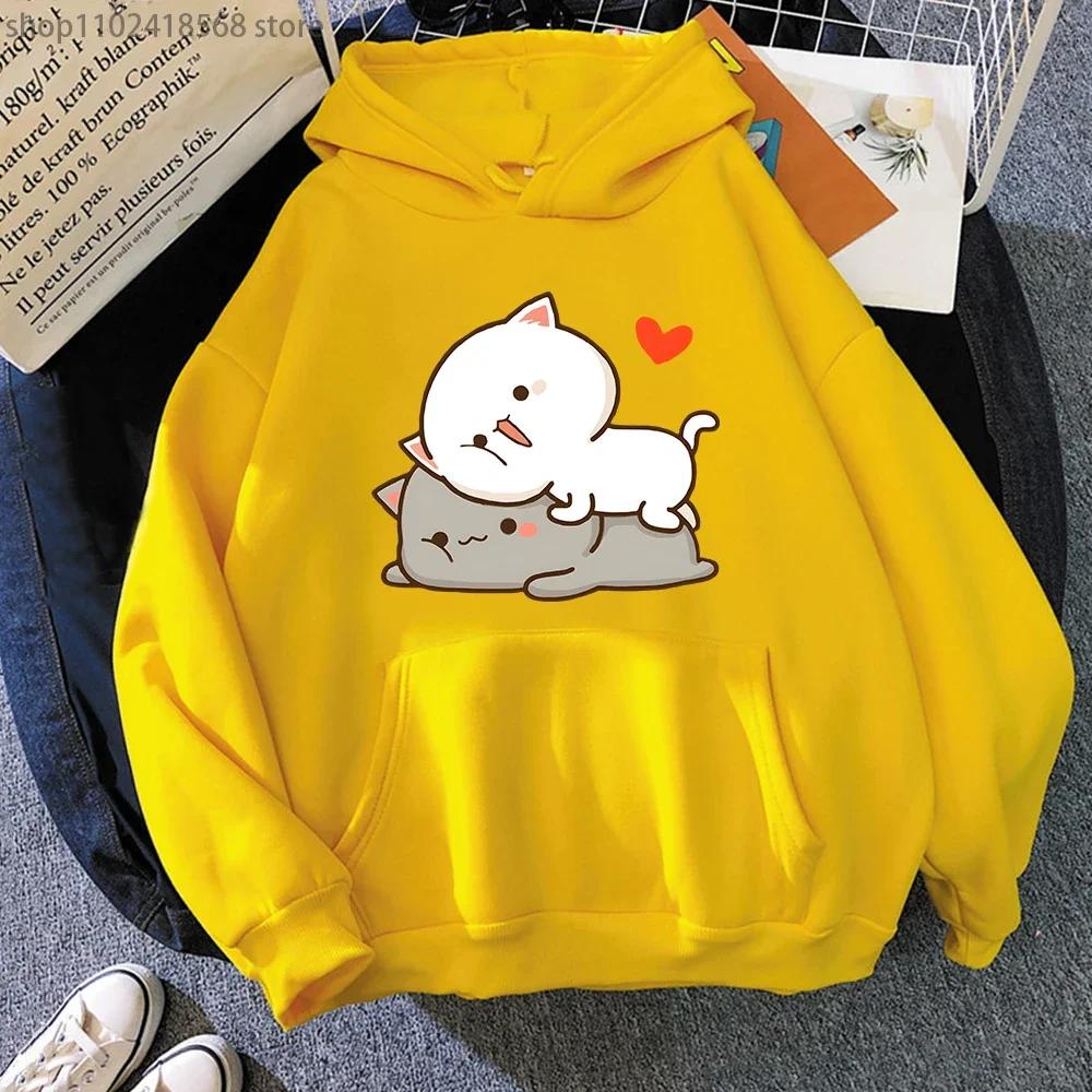 Peach Cat Print Hoodie Kawaii Cartoon Goma Mochi Sweatshirt Women's Clothing Femme Korean Style Streetwear Men Hoody