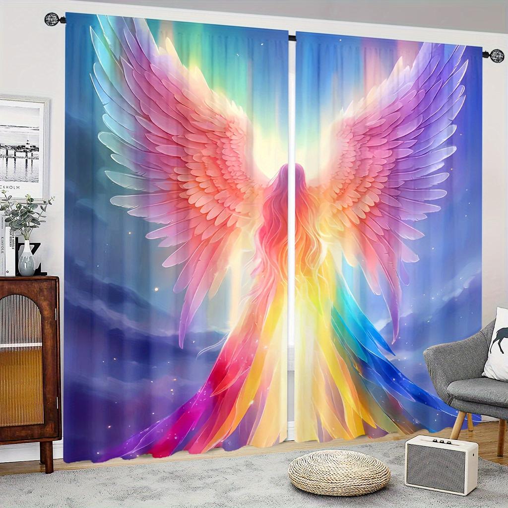 2pcs Angel Wings Printed Curtain For Home Decor Rod Pocket Window Treatment For Bedroom Office Kitchen Living Room Study Cortina