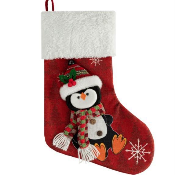 Embroidered Santa Snowman Christmas Stocking Ornament with Bow