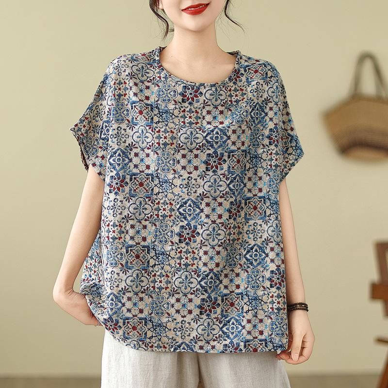 Fat Girl Large Size Women's Summer Literary Classic Round Neck Printed Button-down Loose Meat Covering Versatile Cotton and Linen Top T
