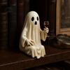 Halloween Bar Decor Piece Ghost Skeleton Figurine, Spooky Drunk Holding Wine Glass Resin Sculpture, Gothic Desk Unique Party for Bookshelf,
