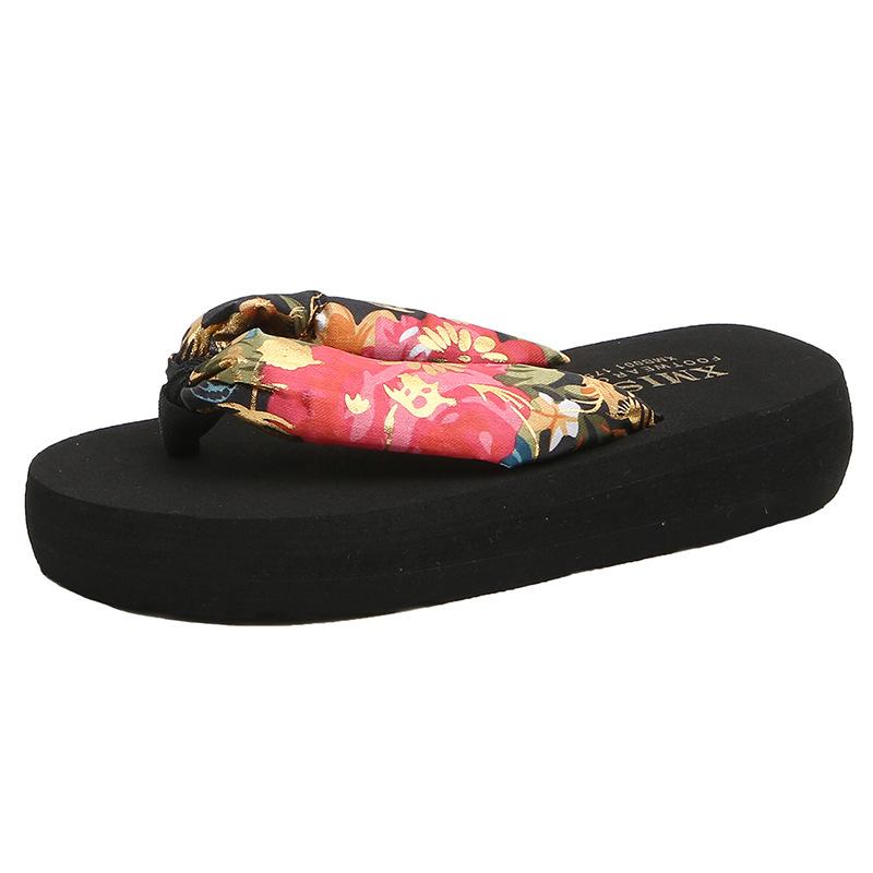 Korean version of summer's new bohemian satin wedge heel non-slip wedge heel pinch flip-flops beach women's cool slippers