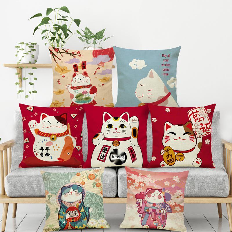 Lucky Cat Spring Festival Cushion Cover