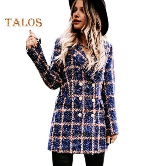 

Зимнее осеннее женское пальто с отложным воротником, клетчатый принт, двубортное, с длинными рукавами, плотная куртка средней длины для свиданий, поездок на работу, офиса XL синий