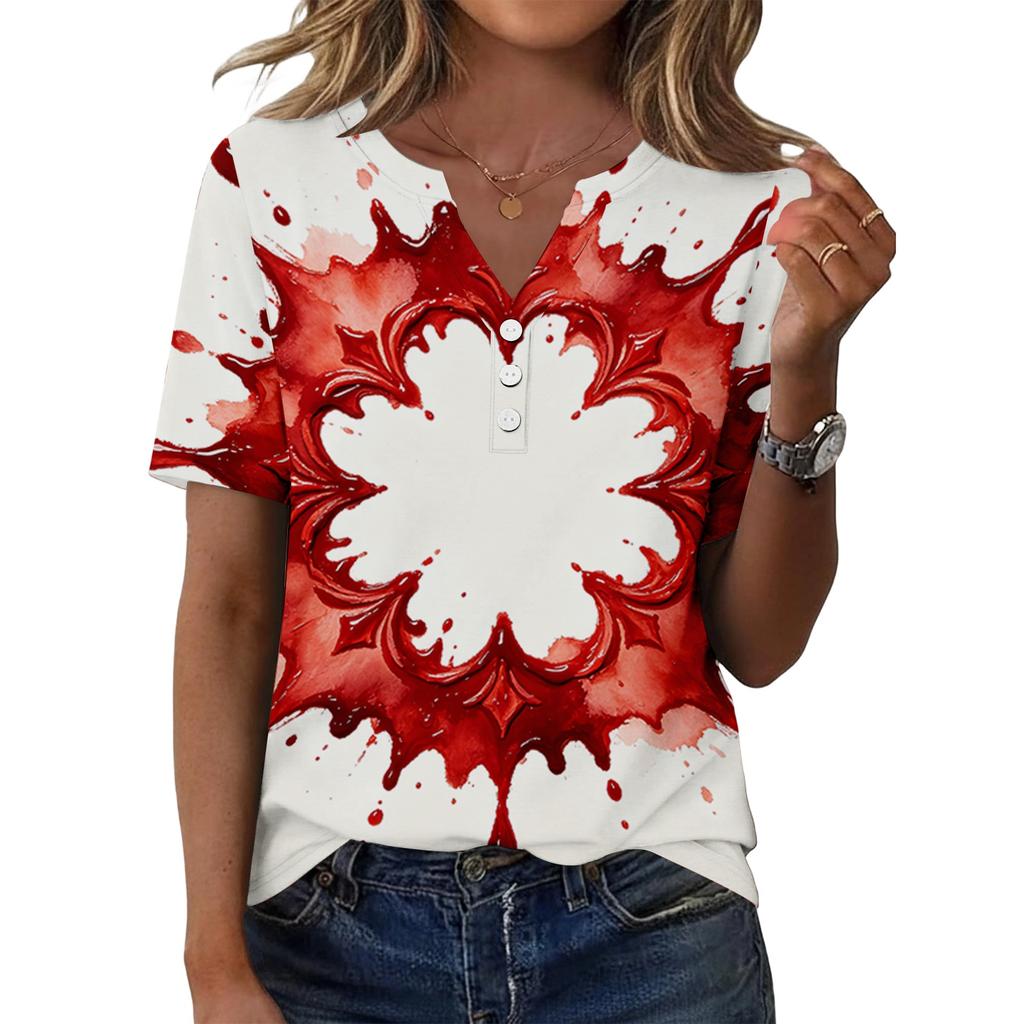 Women's Casual V Neck Short Sleeve Button T Shirt Halloween Print Top Relaxed Fit Lightweight Soft Fabric