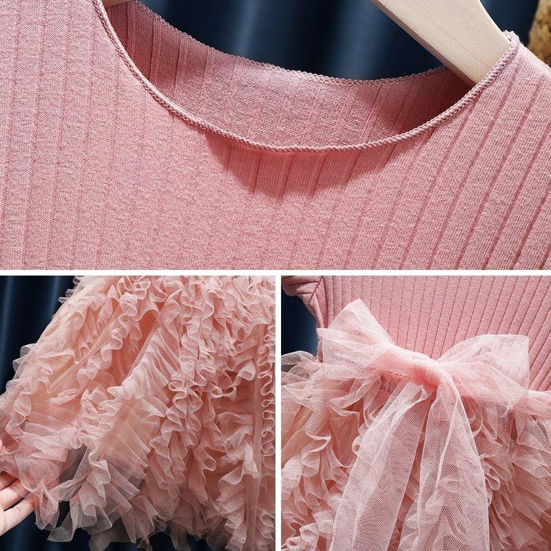 Summer Children's Clothing Solid Color Short Sleeved Girl's Princess Gauze Dress Fashionable Fluffy Spliced Cake Dress 1-7Y