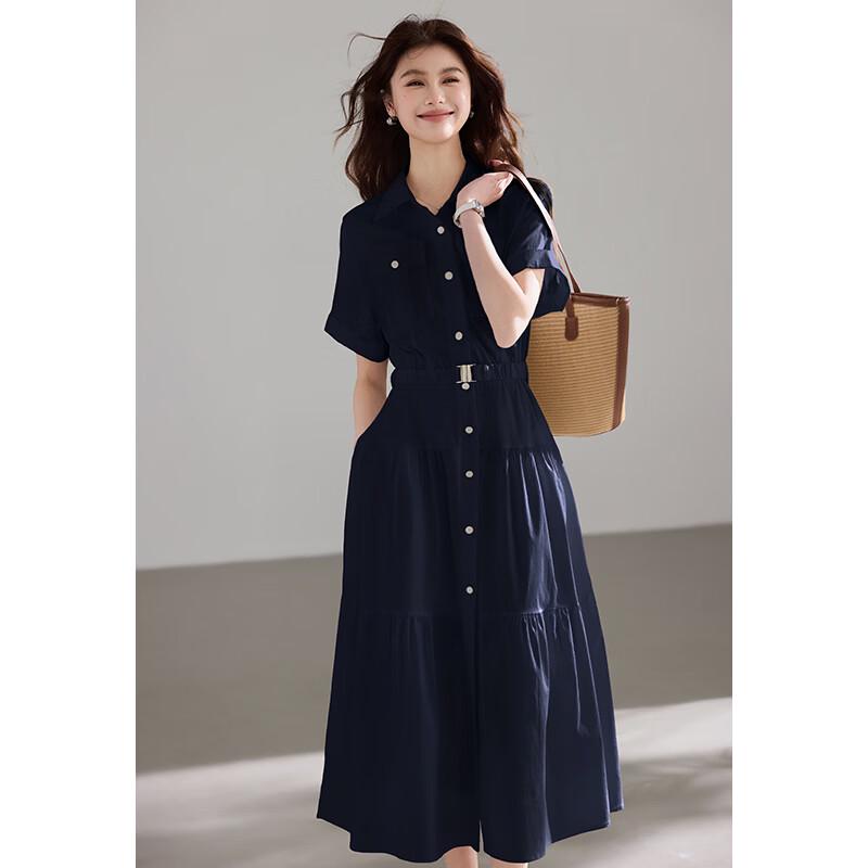 VICTORIA&VERA Lapel Belted Short-Sleeve Long Dress
