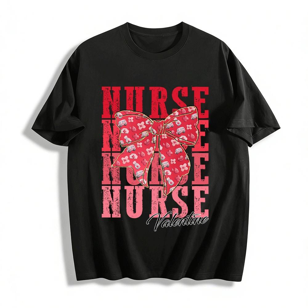 Valentine Nurse Coquette Bow Print Casual Crewneck Tee Pure cotton T-shirt XXS