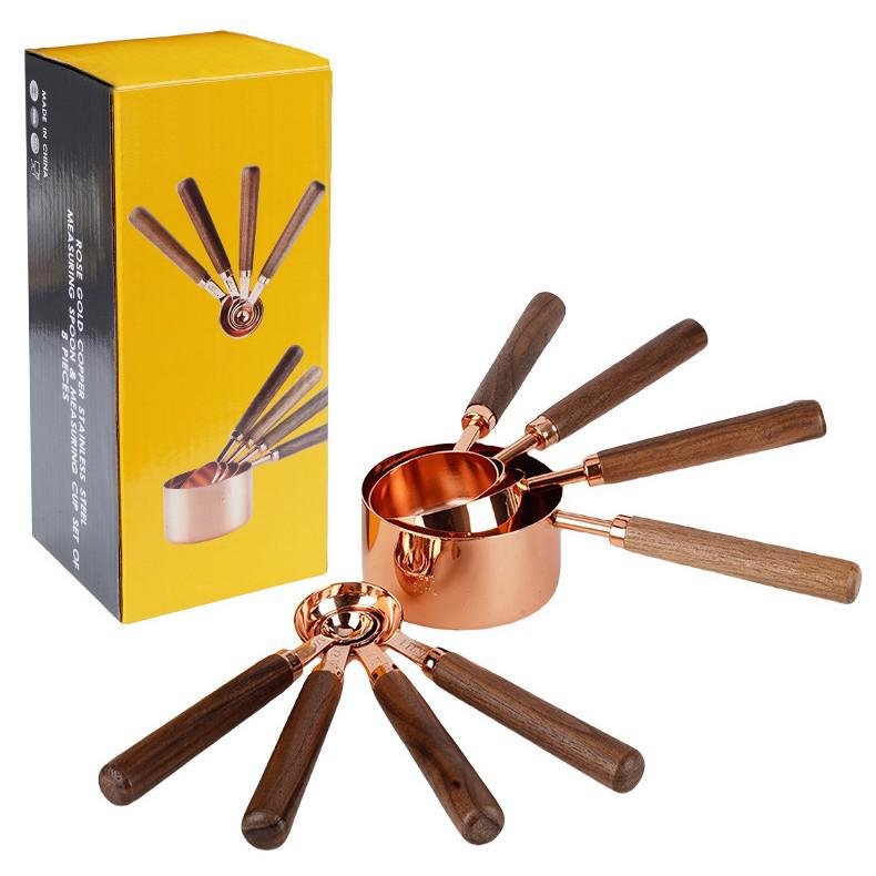 Belly Cup Rose Gold & Walnut Wood Measuring Spoon and Acacia Cup Set