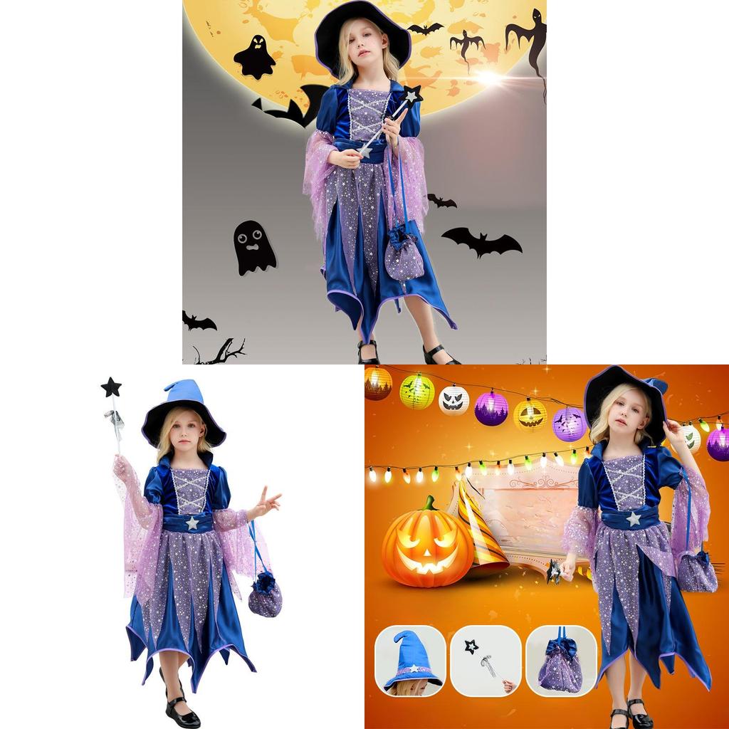 Witch Dress For Girls With Bohemian Style And Candy Bag For Halloween Events