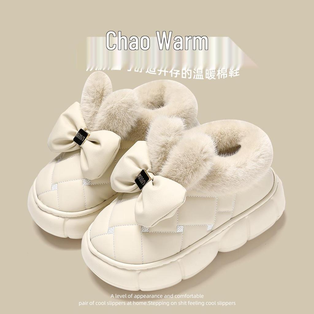 Damen Koreanischer Stil Schleife Baumwolle Schneestiefel mit Absatz - Innen/Außen, Rutschfest, Dickes Samtsohle, Warme Winterschuhe