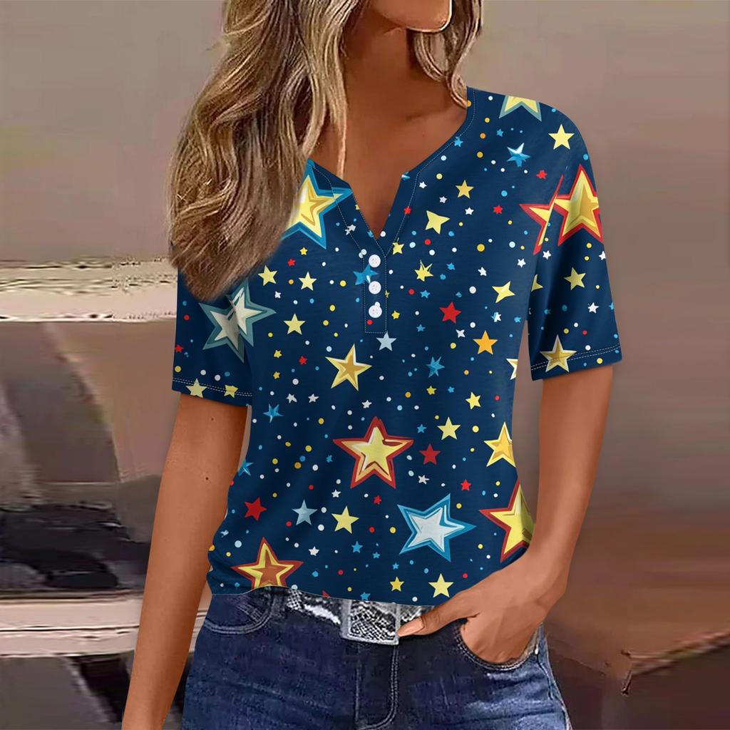 Women's T Shirt Tee Print Button Short Sleeve Daily Weekend Fashion Basic V- Neck Regular Top