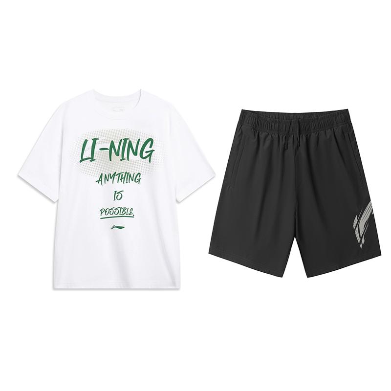 

Li-Ning American Vintage Solid Color Short Sleeve Elastic Waist Five-Point Pants Casual Sports Suit Unisex suit AHSU803-1+YKSV151-1 S