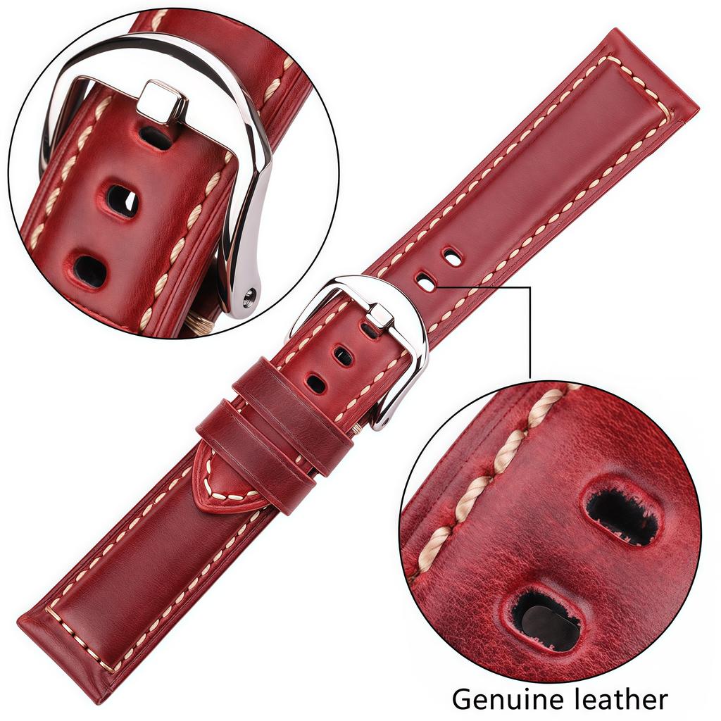 20mm 22mm 24mm 26mm First Layer Oil Wax Cowhide Padded Leather Watch Strap Screw-in Stainless Buckle Vintage Style Band