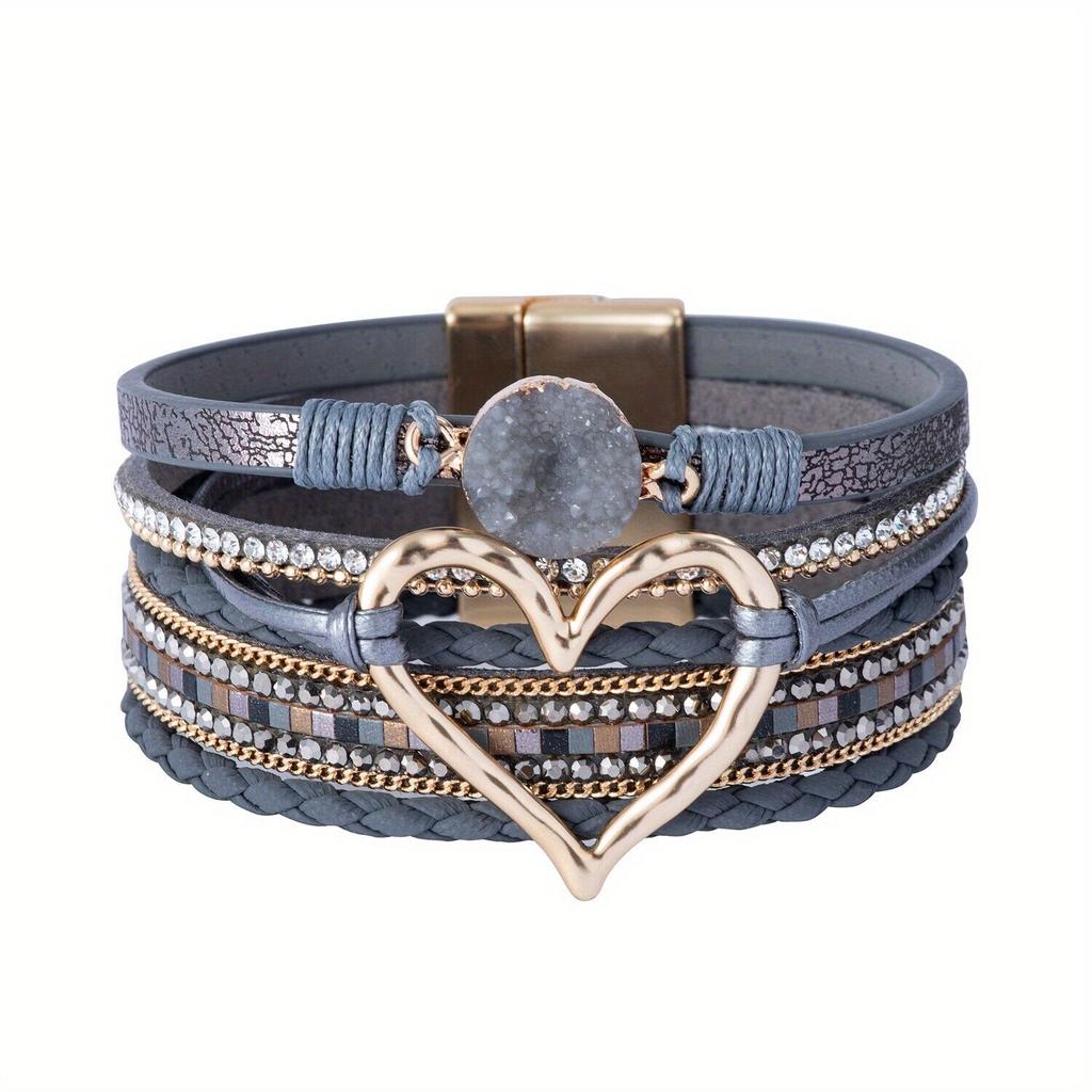 Boheemse Multilayer PU Lederen Bangle Handgemaakte Gevlochten Armband Gouden Grote Liefde