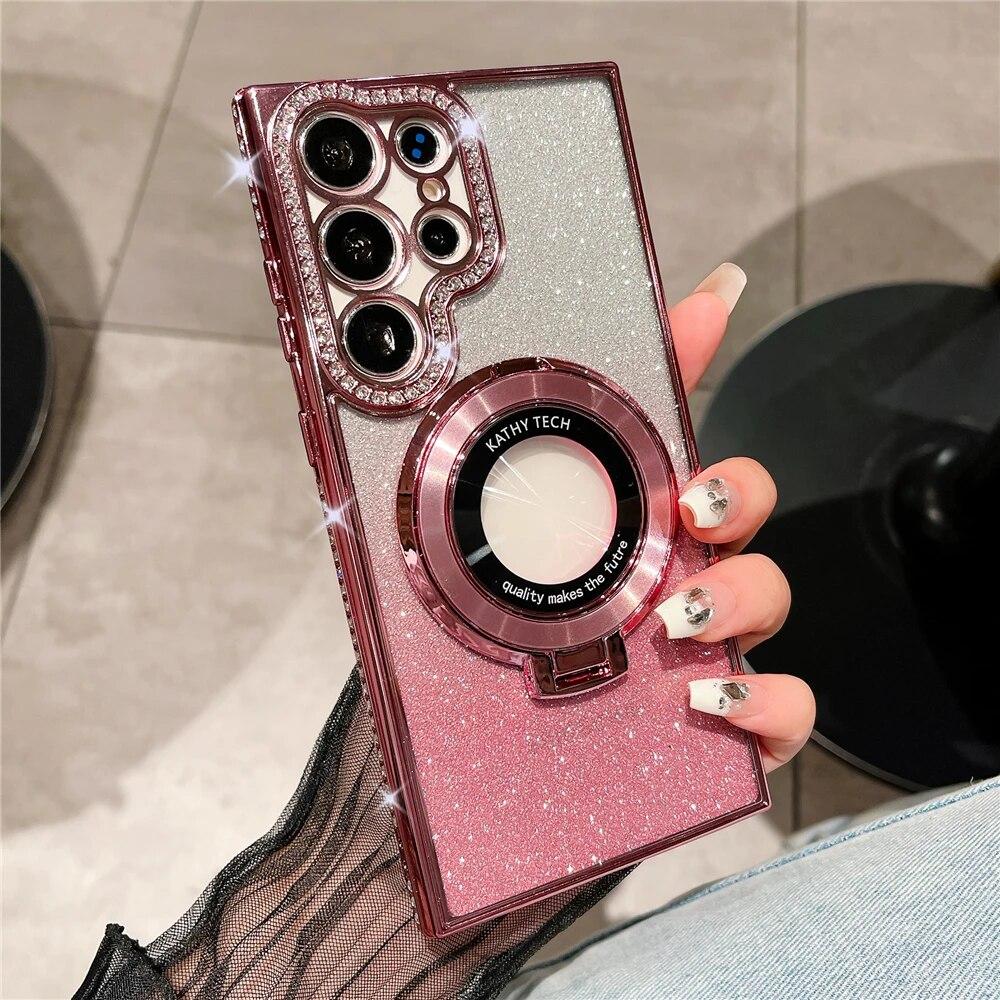 Plating Gradient Glitter Diamond Stand Holder Magnetic Case For Samsung S24 S23 Ultra S22 Plus/iphone 15 14 13 12 11 Pro Max Magsafe Protection Cover