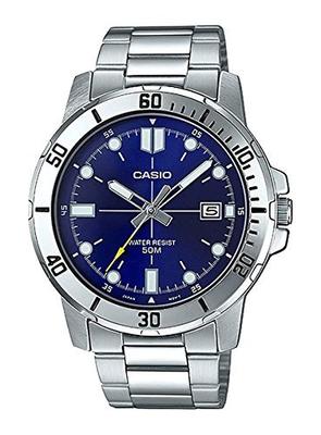 Men's Analog Wristwatch, Silver Stainless Steel Band, Blue Dial, Model MTP-VD01D-2E