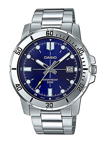 

Men s Analog Wristwatch, Silver Stainless Steel Band, Blue Dial, Model MTP-VD01D-2E