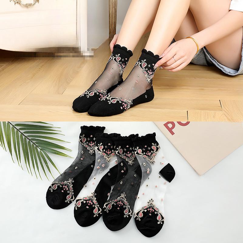 

5 Pairs of Women s Spring and Summer Thin Cotton Bottom Anti Hook Silk Transparent Embroidered Ice Silk Stockings 5 Pairs білий