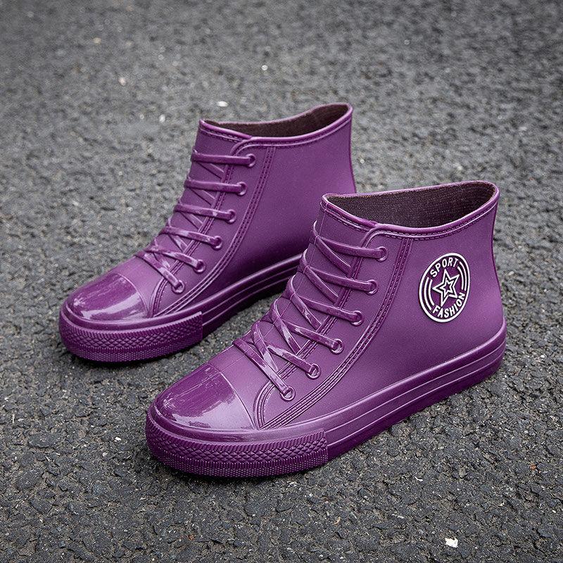 Fashion High Top Women's Rain Boots Lady Shoes Platform Waterproof Women's Wellies Non-slip Rainshoes Outdoor Casual Lace Up Rainboot
