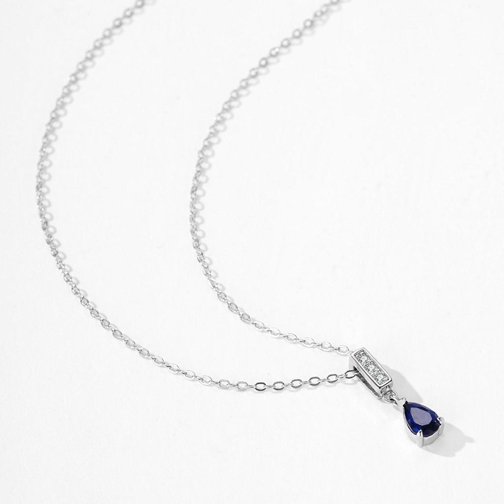 Rhodium Plated Women's Trendy Link Chain S925 Sterling Silver Sapphire Blue Water Drop Zircon Pendant Necklace
