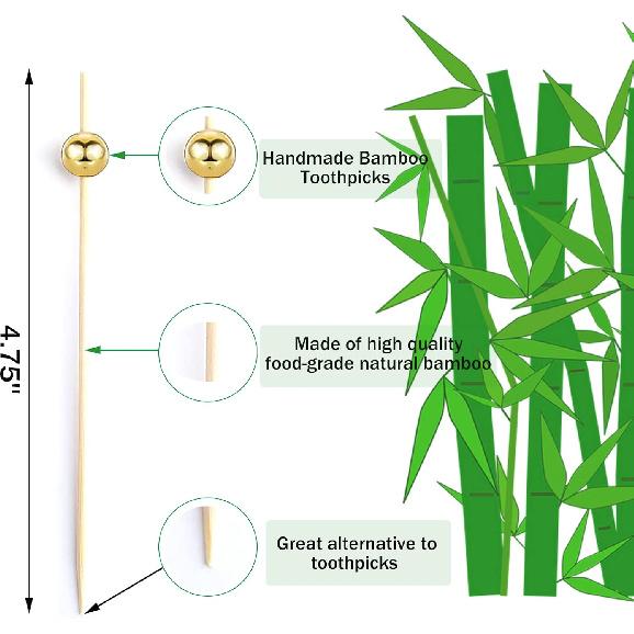 Yesland 500 Counts Cocktail Picks - 4 3/4 Inch Handmade Bamboo Toothpicks - Wooden Sticks with Gold Pearl for Party Supplies