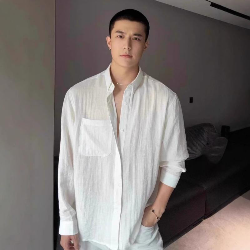 Men s White Linen Shirt Oversized Fit Long Sleeve Casual Single Pocket Button Down M