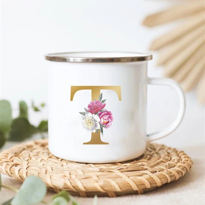 Letter Floral Print Vintage Enamel Mugs Creative Coffee Tea Cup Drink Dessert Milk Cups Handle Drinkware Wedding Bridesmaid Gift