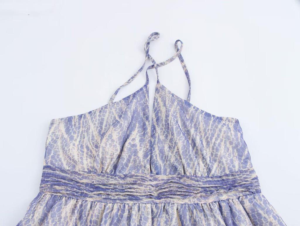 Spring/Summer 2025 Sexy Backless V-Neck Spaghetti Strap Short Print Dress