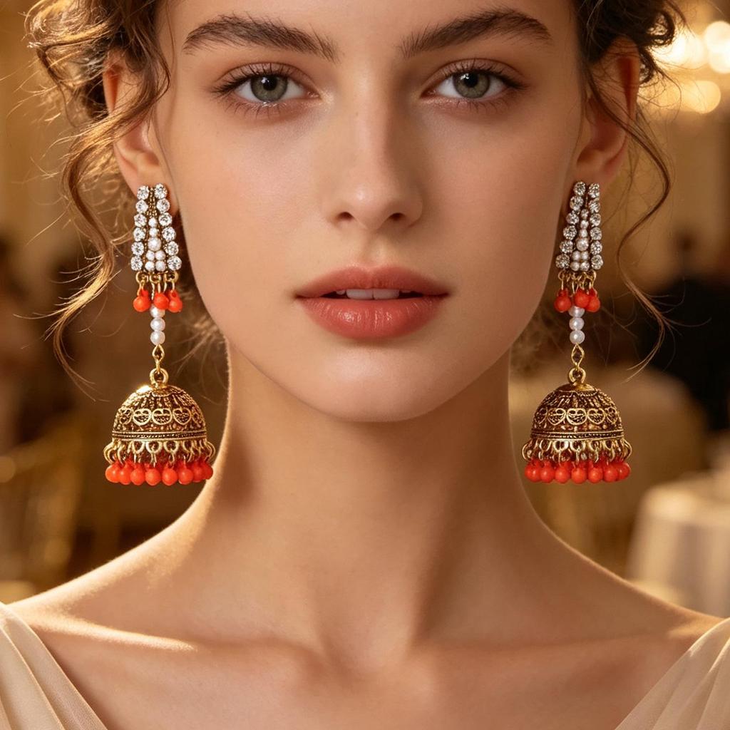 Bohemian Crystal Pearl Tassel Bell Stud Earrings - Indian Retro Style Fashion