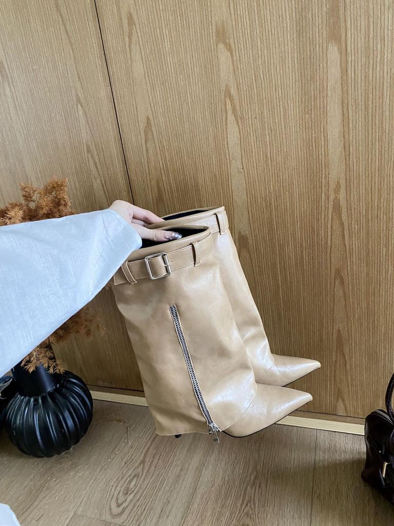 2025 autumn and winter new fashion boots British leather buckle pointed women's boots personalized zipper trouser boots design sense medium boots