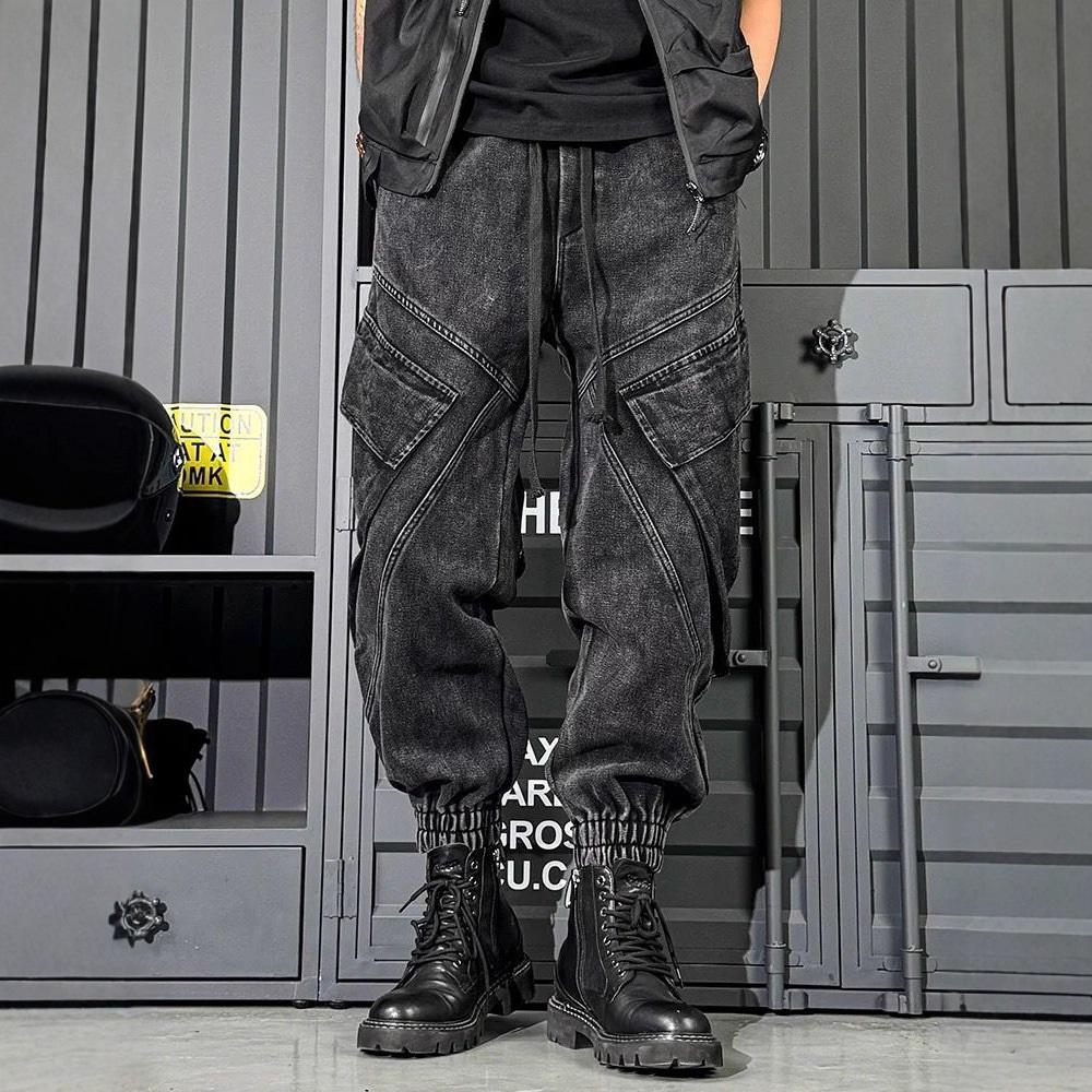 Jeans da Lavoro alla Moda da Uomo Lavati Retro Funzionali a Gamba Larga Pantaloni Trendy Marca Vestibilità Larga Casual Versatili