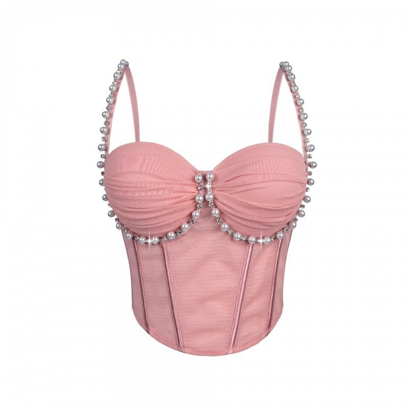 Pearl Pleated Fishbone Corset Mesh Underwire Strap Top Sexy Slim Fit Bustier Women