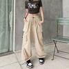 Autumn Winter Loose Casual Elastic Waist Pockets Cargo Pants Women Solid Color All-match Straight Trousers