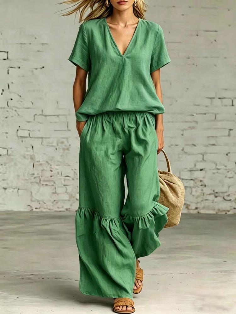 Women V Neck Ruffled Hem Linen Blend Two Piece Set Wide Leg Pants Summer Casual Outfit