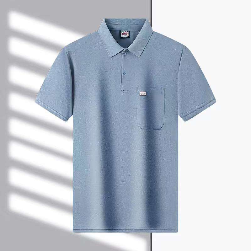 Men's Breathable Cotton Polo Shirt Casual Short Sleeve Lapel Top with Real Pocket Solid Color Daily Tee