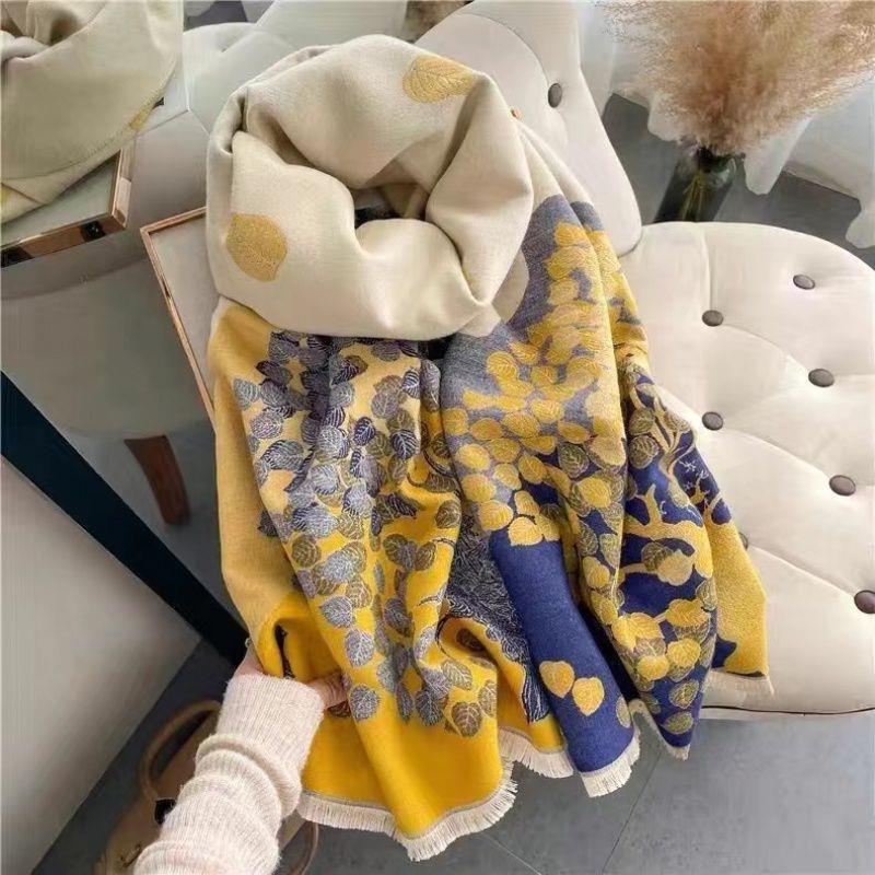 

New High end Jacquard Two Color Double sided Leaf Scarf for Women Autumn and Winter Warm Thickened Scarf and Shawl Dual Use
