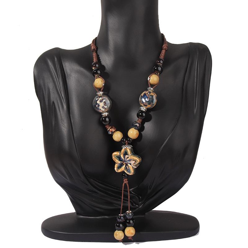 Vintage Bohemian Style Ceramic Beaded Woven Necklace For Women Girls Ethnic Style Long Necklace Jewelry Accessories Gifts