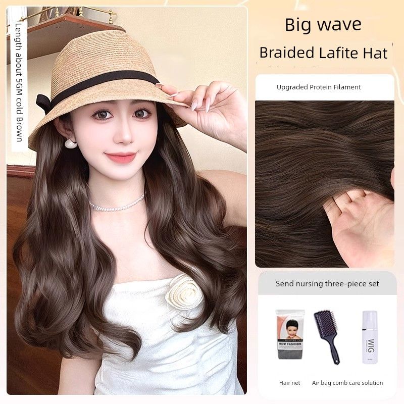 

Wig Hat Integrated Full Head Cover Women Big Wave Summer Fashion Sunshade Woven Fisherman Big Wave Hat Wig Small brim big wave [Cold Brown] + nursing Suit