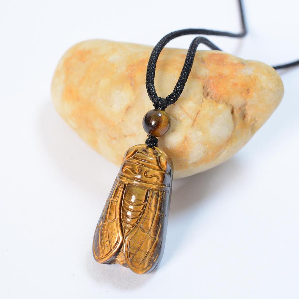 Natürlicher Tigerauge Stein Gold Jade Zikade Anhänger Halskette