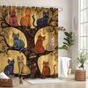 Whimsical Cats on Tree Branches Shower Curtain - 9 Unique Feline Designs, Golden & Black Swirls,  12 Hooks, Fantasy Bath Decor
