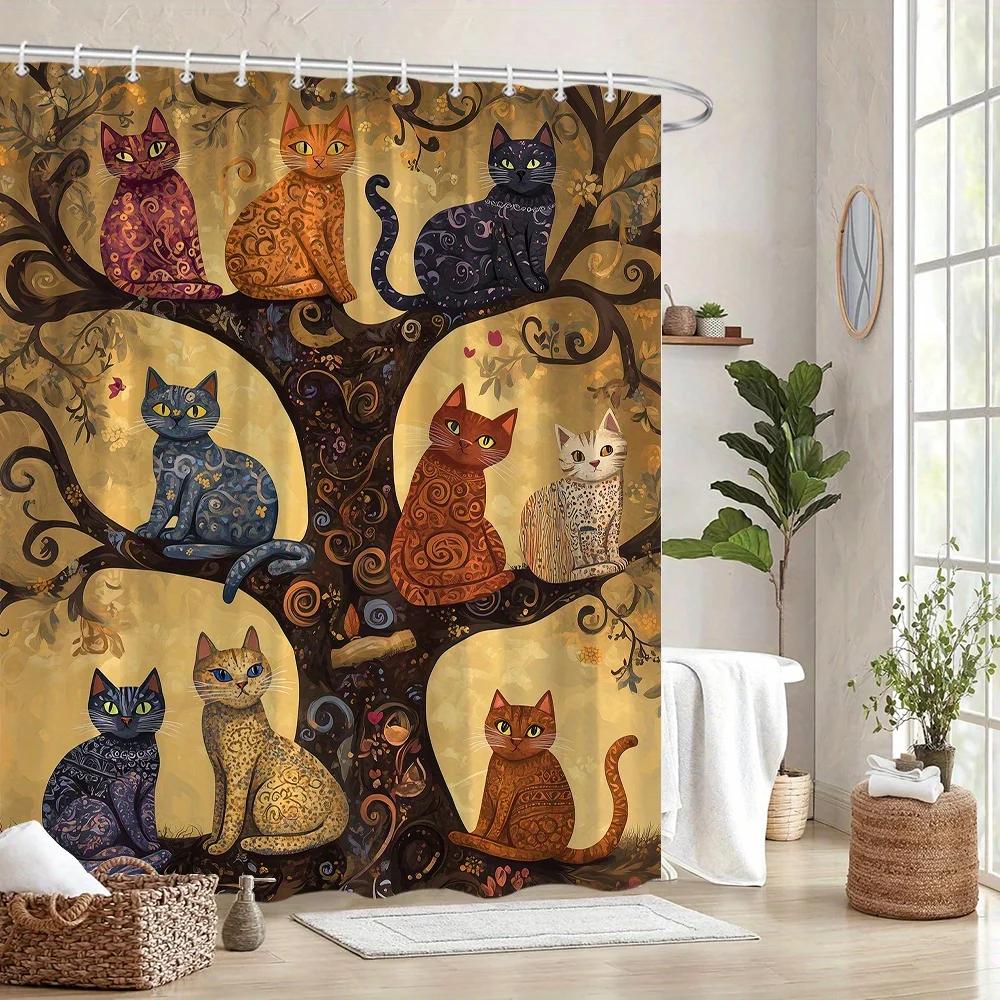 Whimsical Cats on Tree Branches Shower Curtain - 9 Unique Feline Designs, Golden & Black Swirls, 12 Hooks, Fantasy Bath Decor